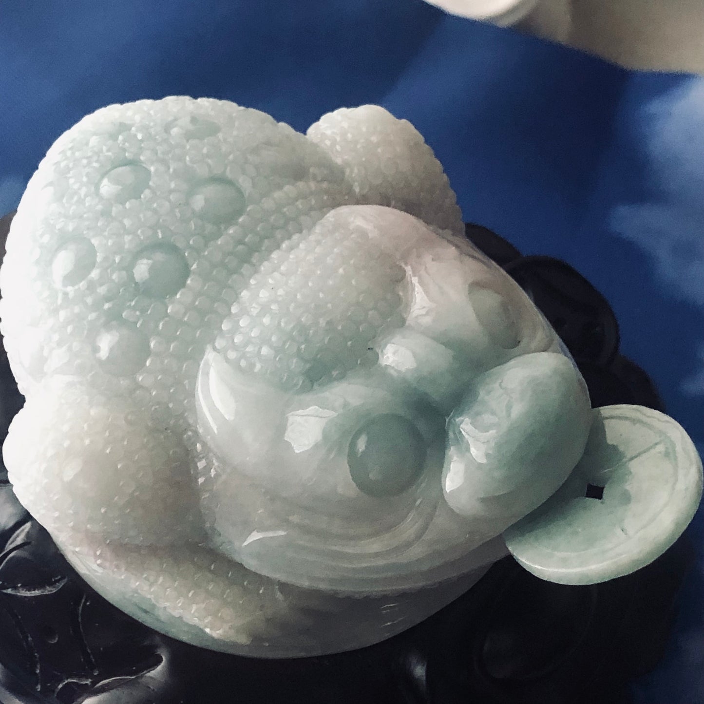 96mm Sky Blue Green Jadeite Jade Carved Three Legged Toad Display Statue