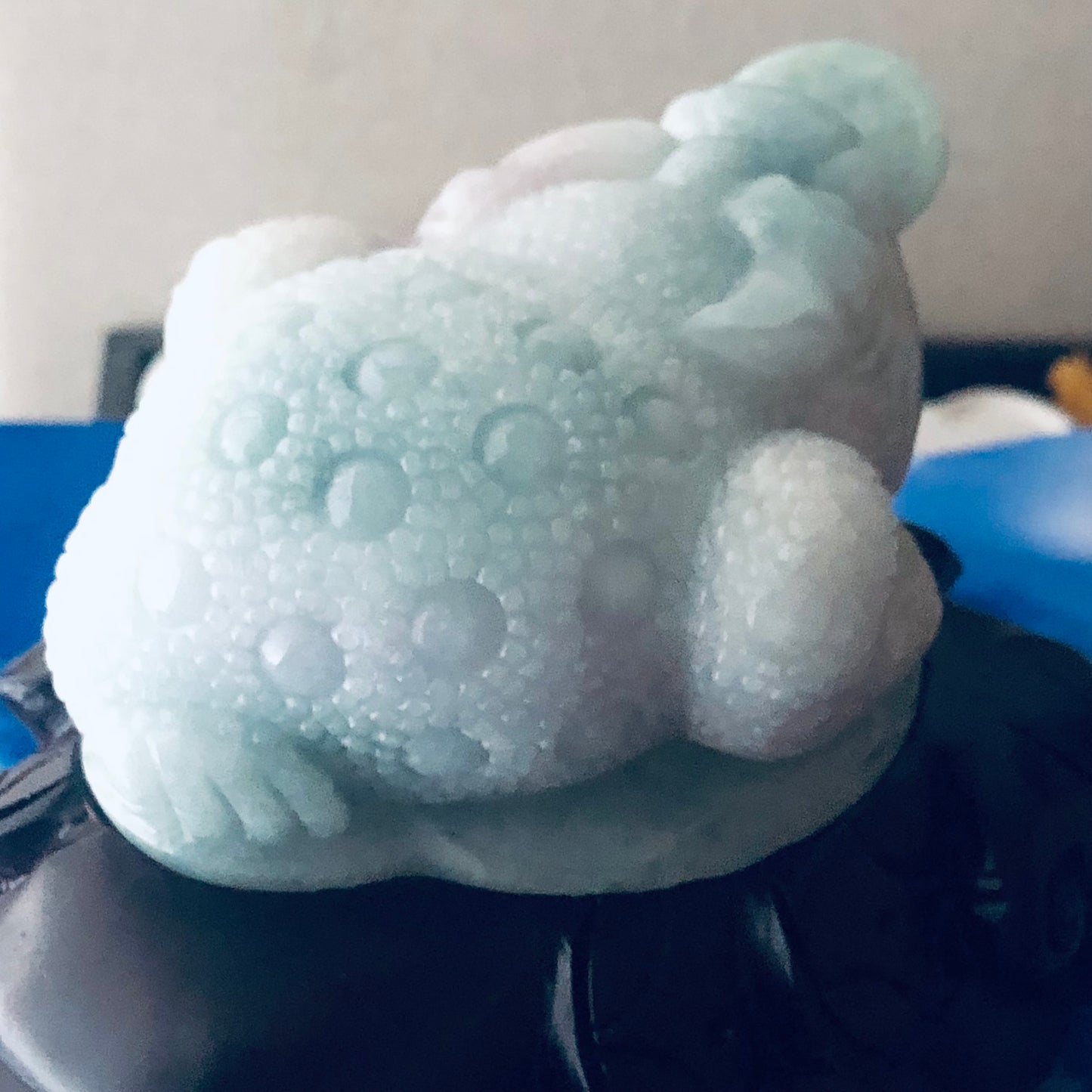 96mm Sky Blue Green Jadeite Jade Carved Three Legged Toad Display Statue