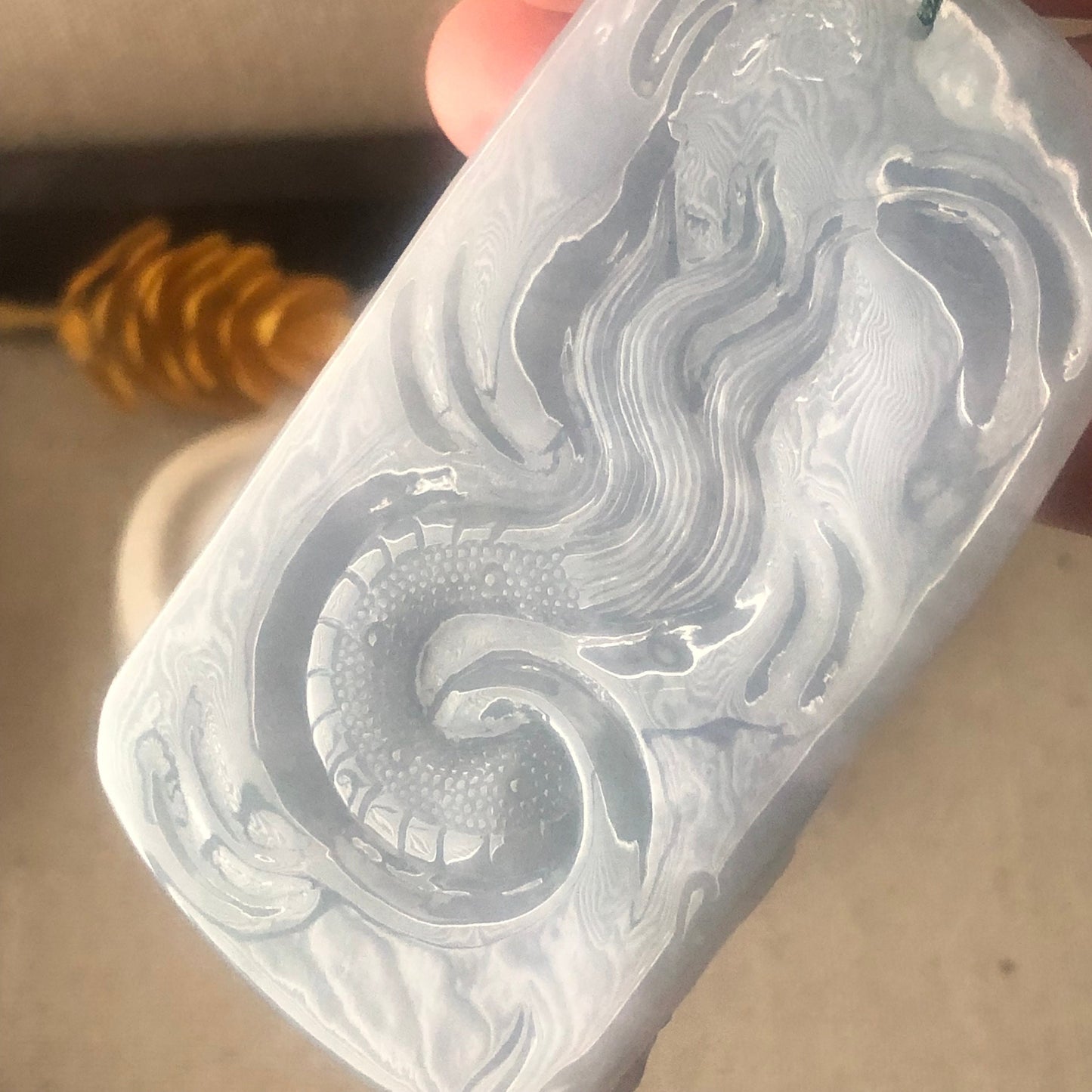 78mm Jadeite Jade Icy Lavender Blue carved dragon Pendant