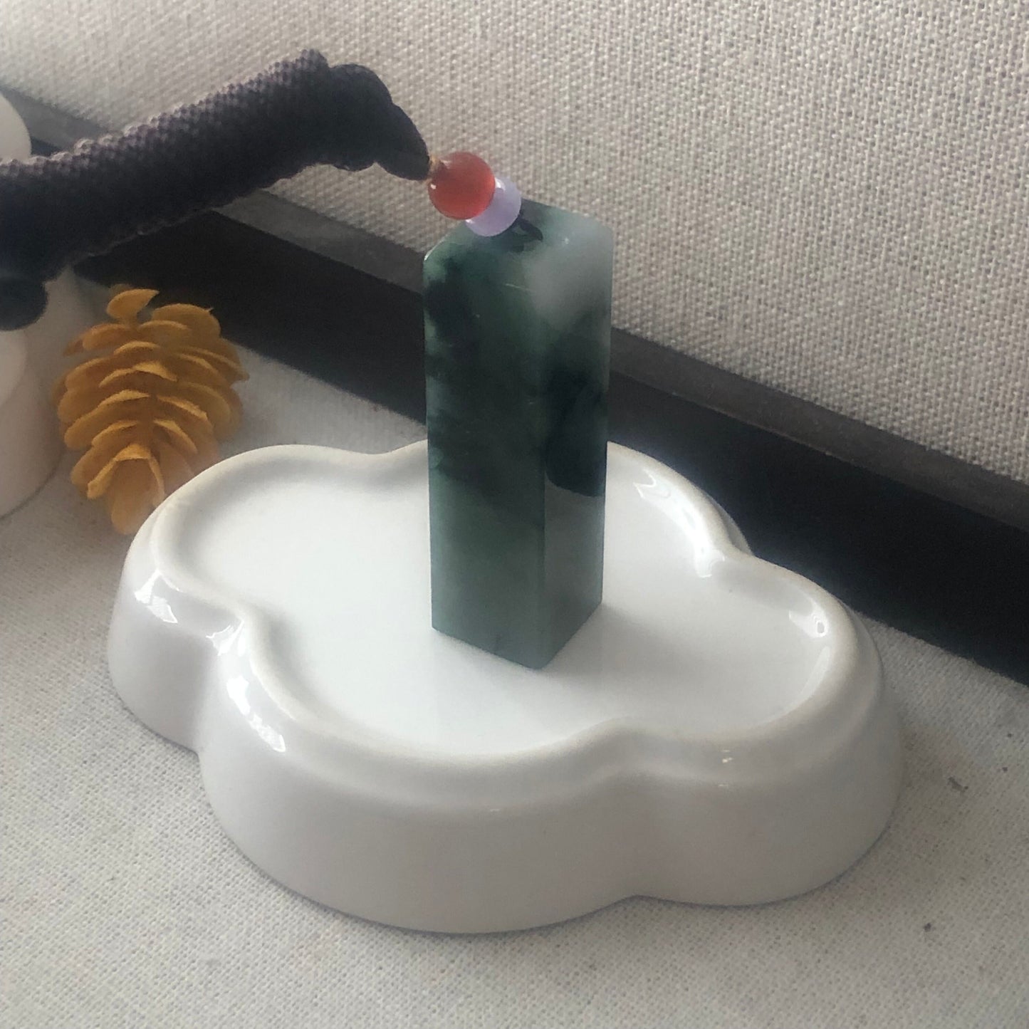 49mm Jadeite Jade Wuji Green Float Flowers Statue Display Stamp Pendant