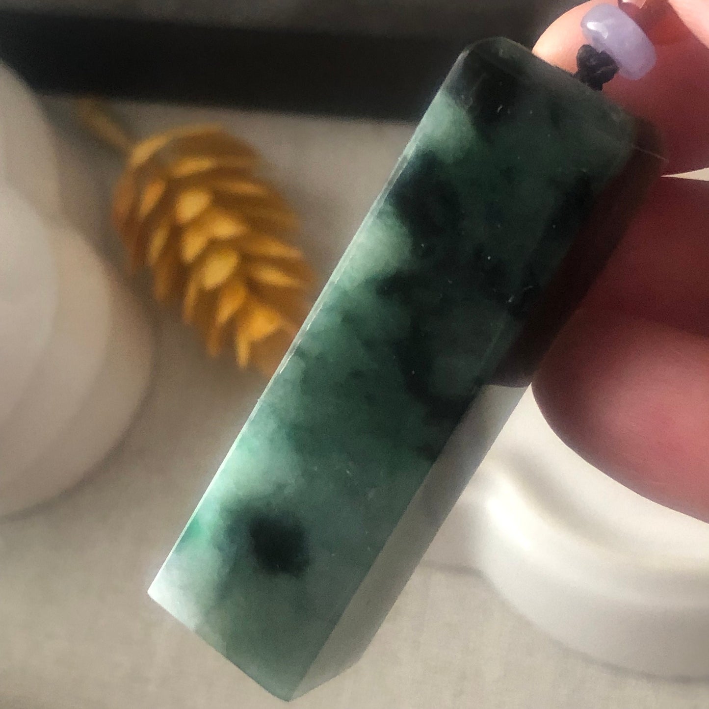 49mm Jadeite Jade Wuji Green Float Flowers Statue Display Stamp Pendant