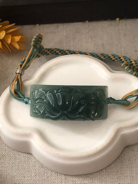 42 mm Icy Green carved Lotus Flower Jade Bracelet