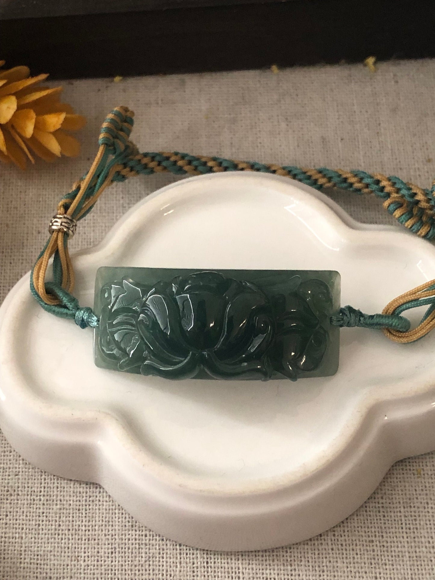 42 mm Icy Green carved Lotus Flower Jade Bracelet