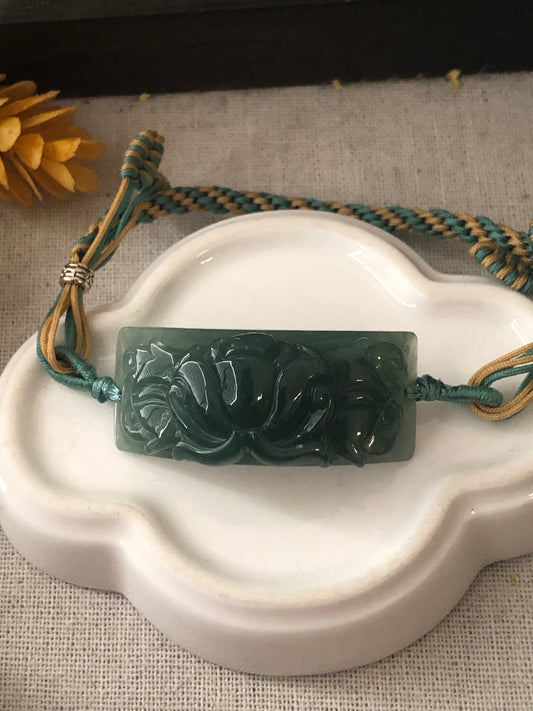 42 mm Icy Green carved Lotus Flower Jade Bracelet