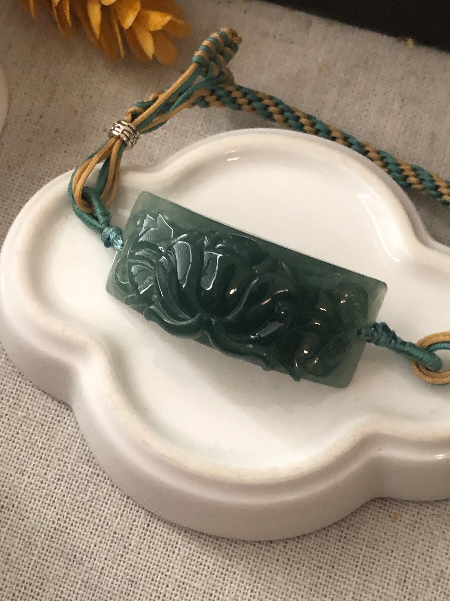 42 mm Icy Green carved Lotus Flower Jade Bracelet