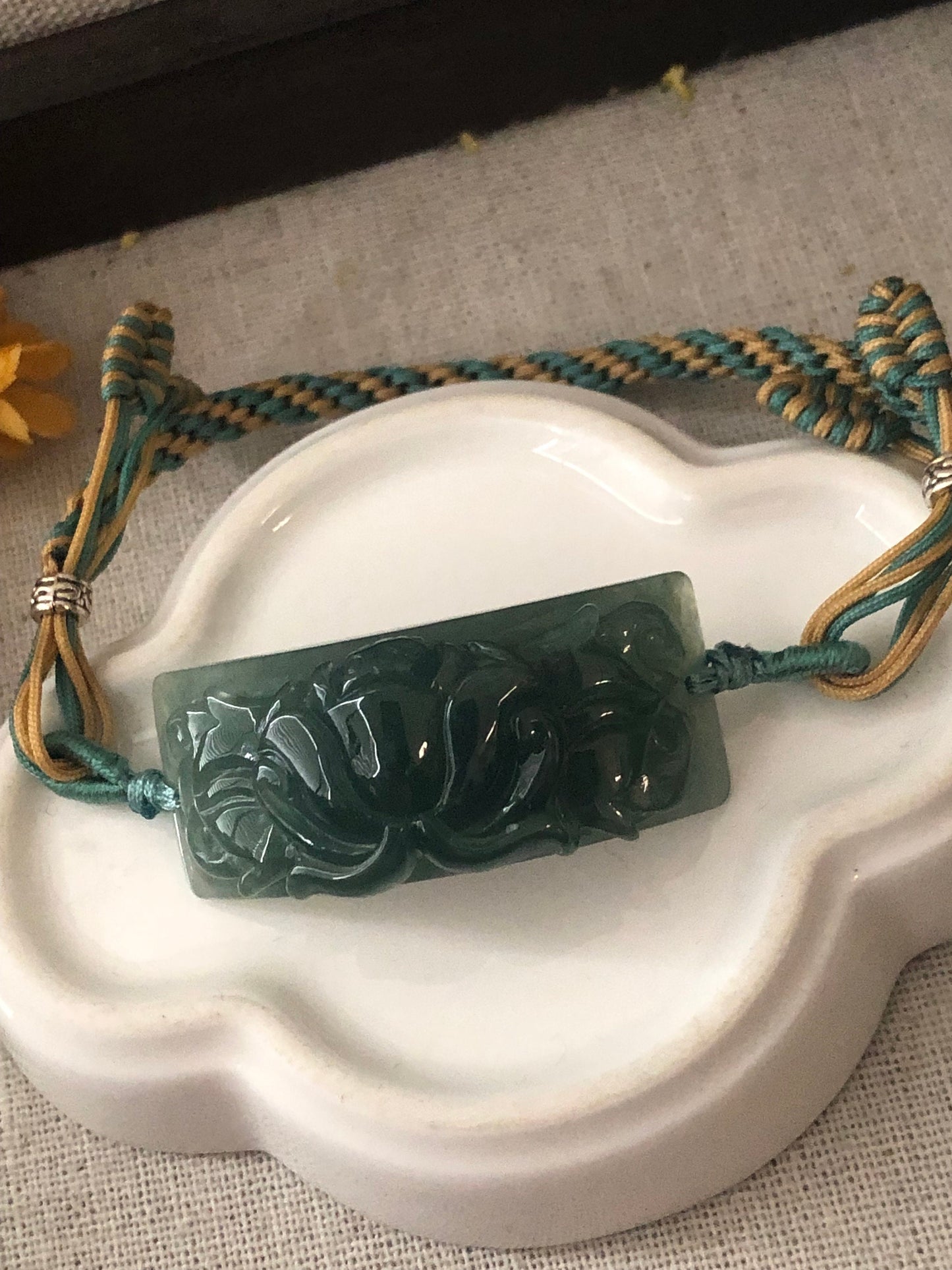 42 mm Icy Green carved Lotus Flower Jade Bracelet