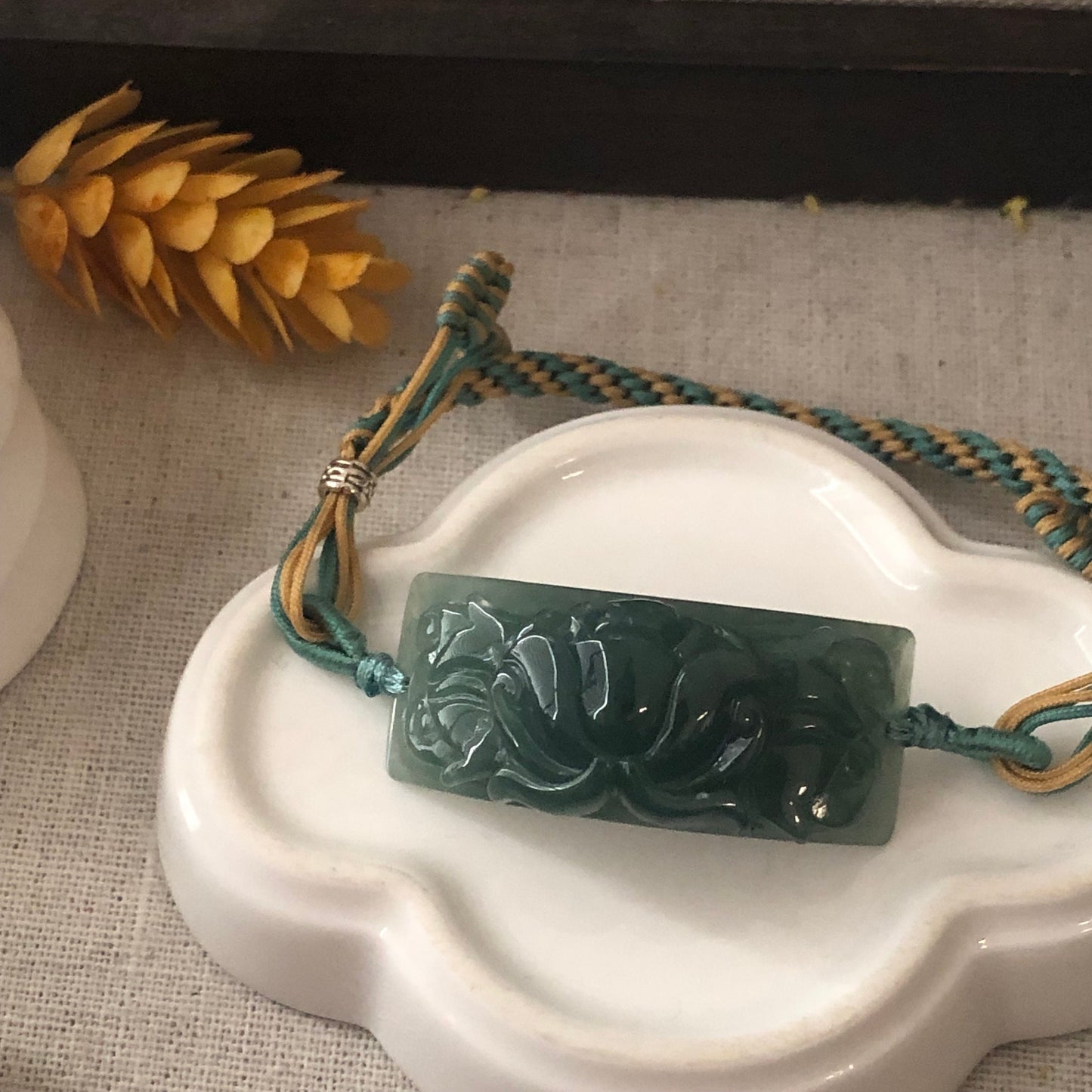 42 mm Icy Green carved Lotus Flower Jade Bracelet