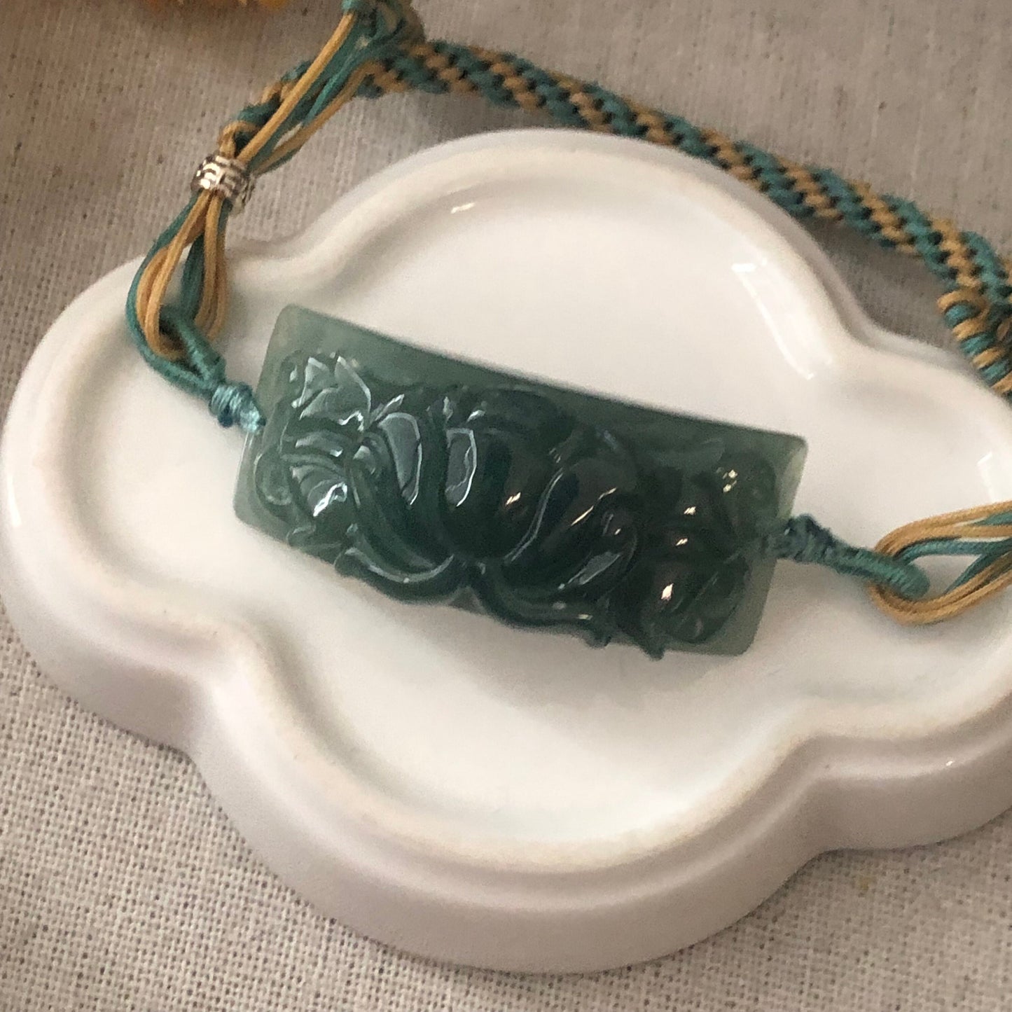 42 mm Icy Green carved Lotus Flower Jade Bracelet