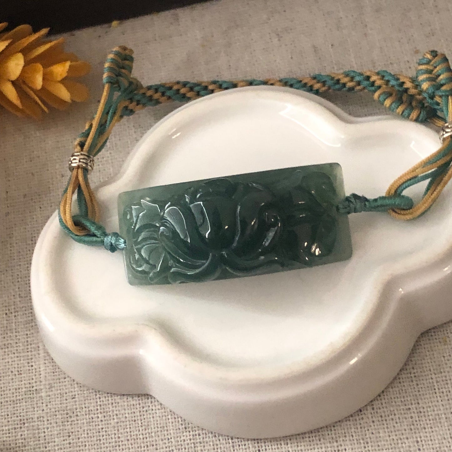 42 mm Icy Green carved Lotus Flower Jade Bracelet