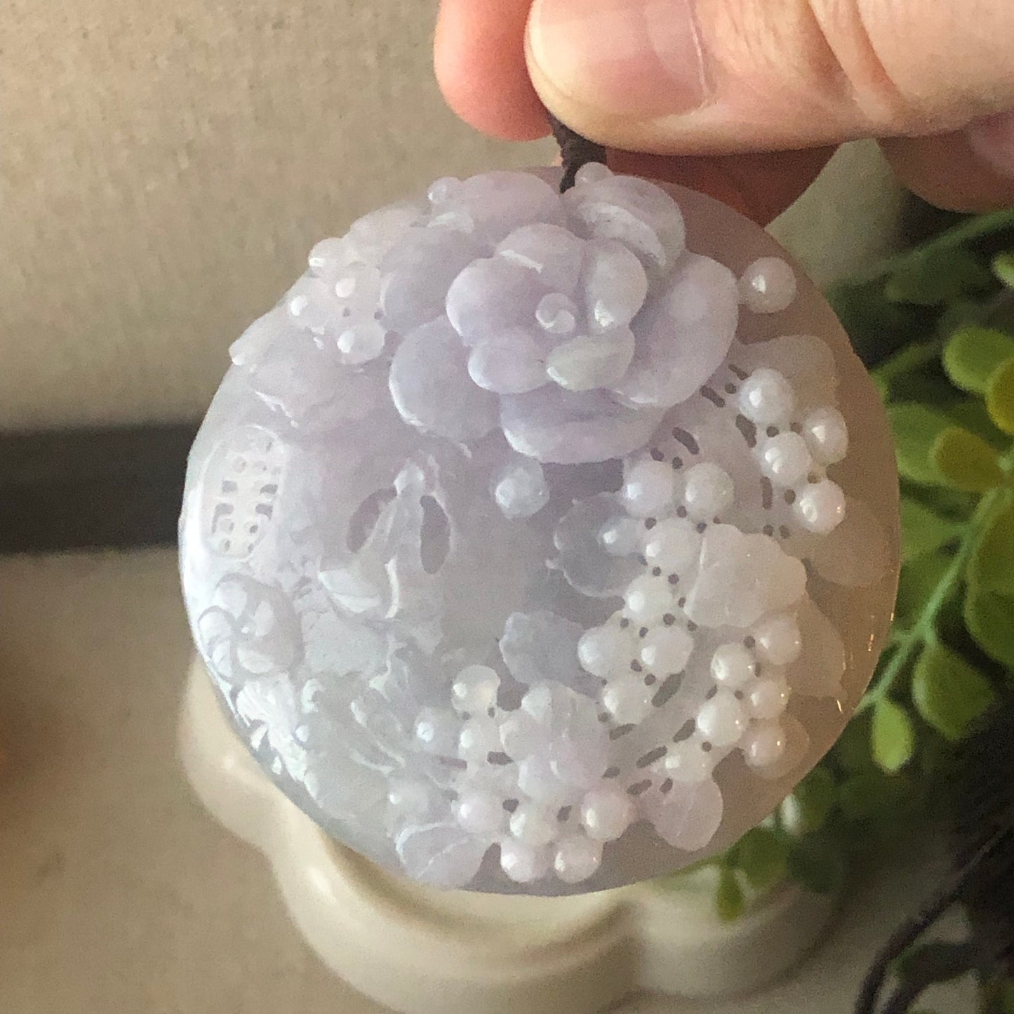 50mm Jadeite Jade Lavender Glutinous Carved Floral Scenery Pendant