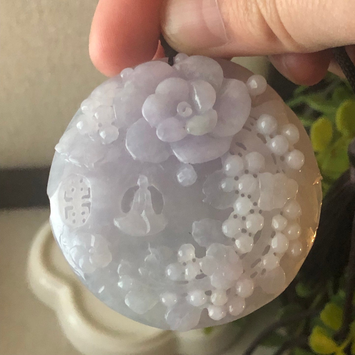 50mm Jadeite Jade Lavender Glutinous Carved Floral Scenery Pendant