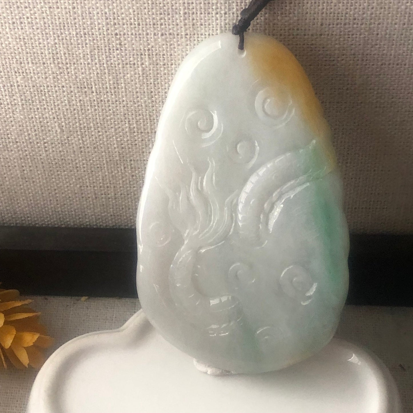 77.8 mm Jadeite Jade Yellow Green Carved Dragon Pendant Charm