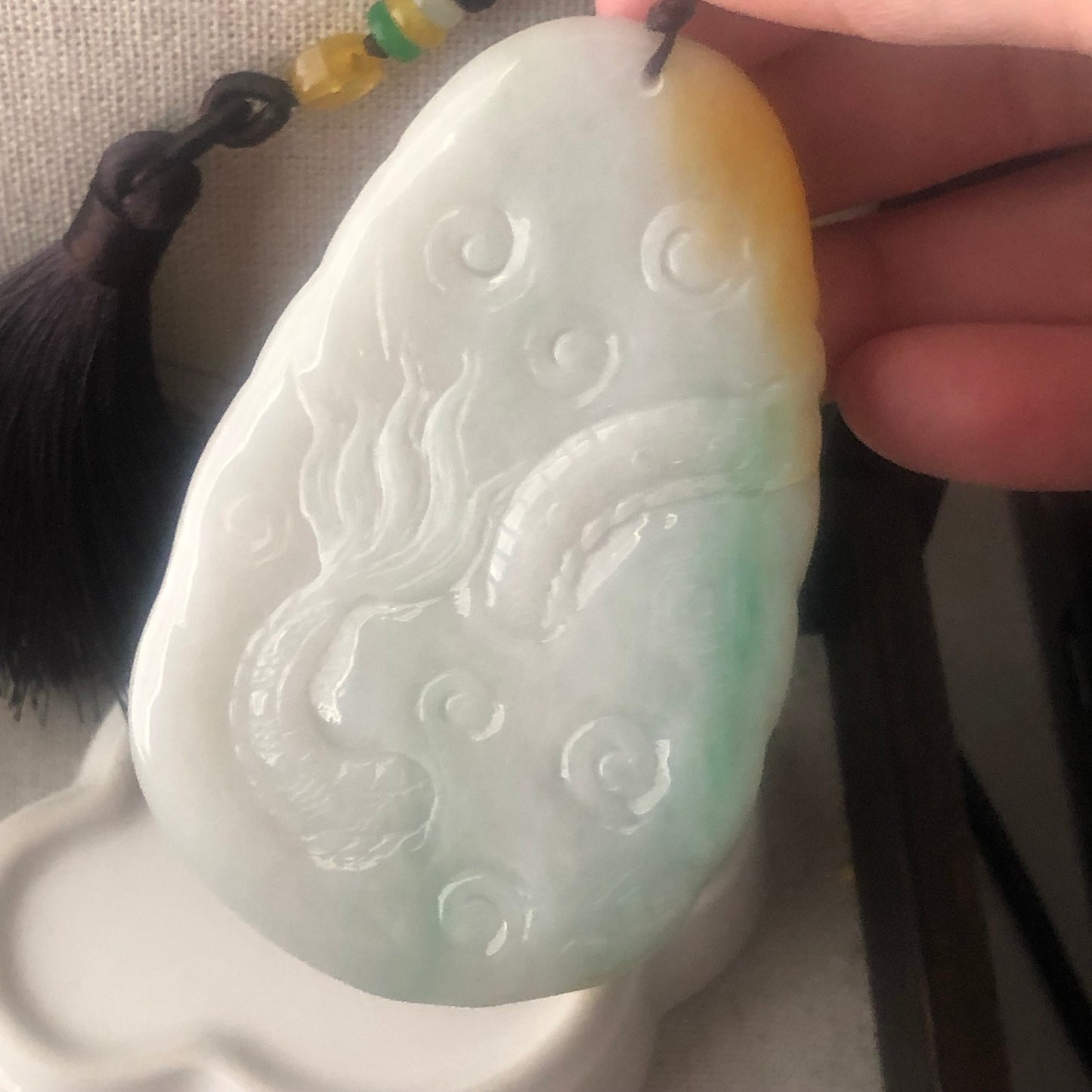 77.8 mm Jadeite Jade Yellow Green Carved Dragon Pendant Charm