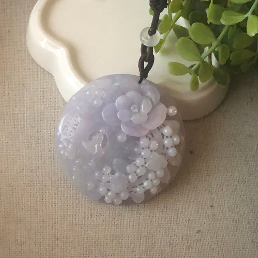 50mm Jadeite Jade Lavender Glutinous Carved Floral Scenery Pendant