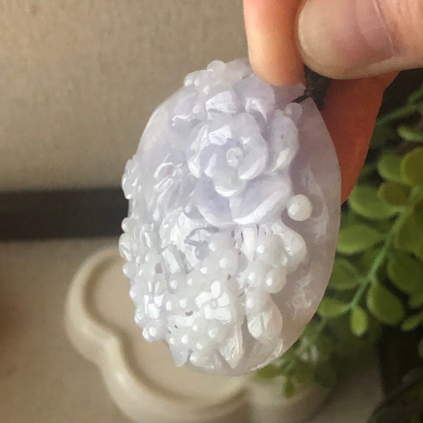 50mm Jadeite Jade Lavender Glutinous Carved Floral Scenery Pendant