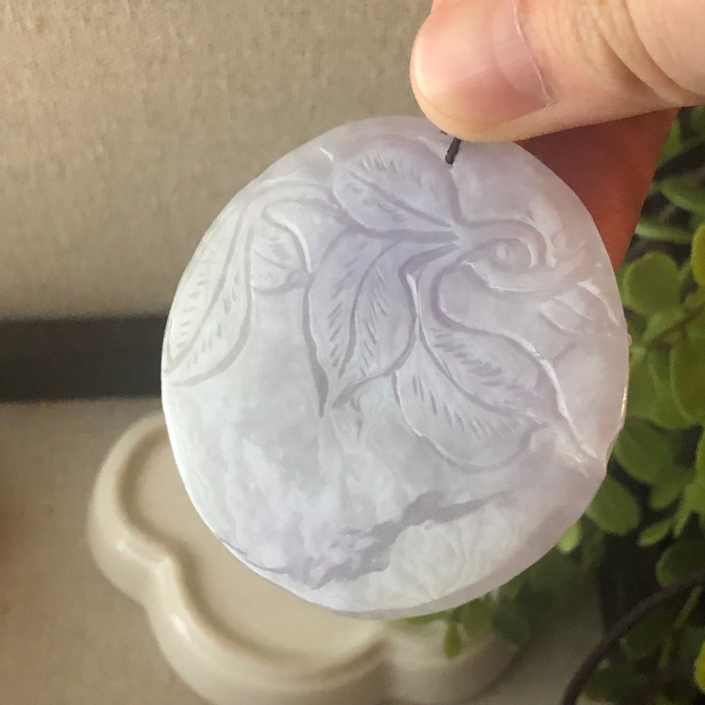 50mm Jadeite Jade Lavender Glutinous Carved Floral Scenery Pendant