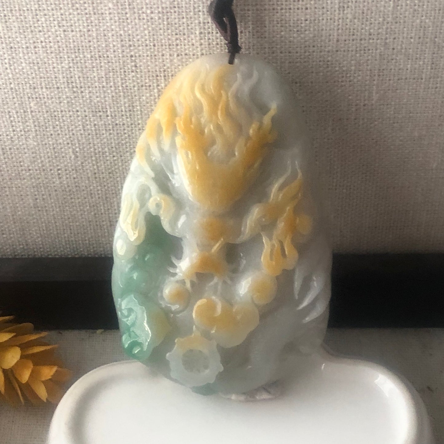 77.8 mm Jadeite Jade Yellow Green Carved Dragon Pendant Charm