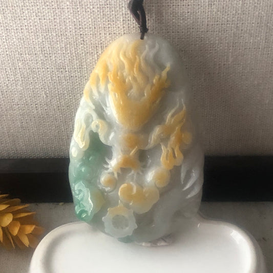 77.8 mm Jadeite Jade Yellow Green Carved Dragon Pendant Charm