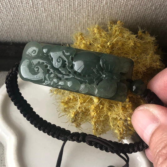 42 mm Icy Green carved Ruyi Butterfly Jadeite Jade Bracelet