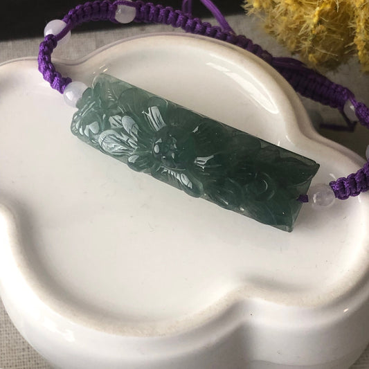 45 mm Icy Green Carved Flower Jadeite Jade Bracelet