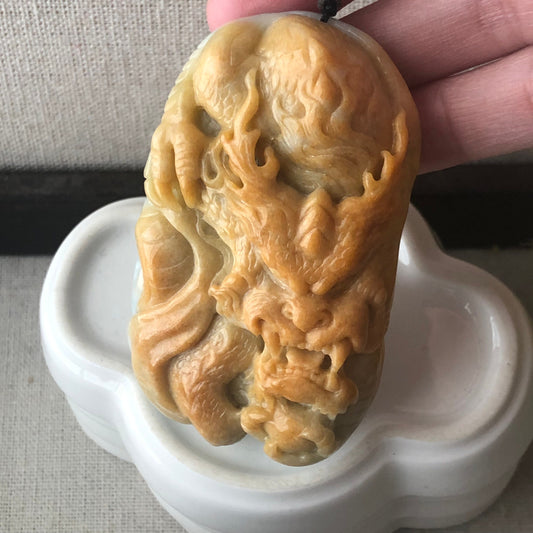 72mm Jadeite Jade Yellow Carved Dragon Pendant Neck Rope Tie