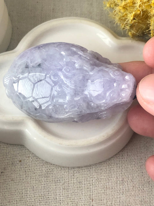 55mm Jadeite Jade Lavender Wuji Carved Dragon Turtle Pendant Neck Rope Tie