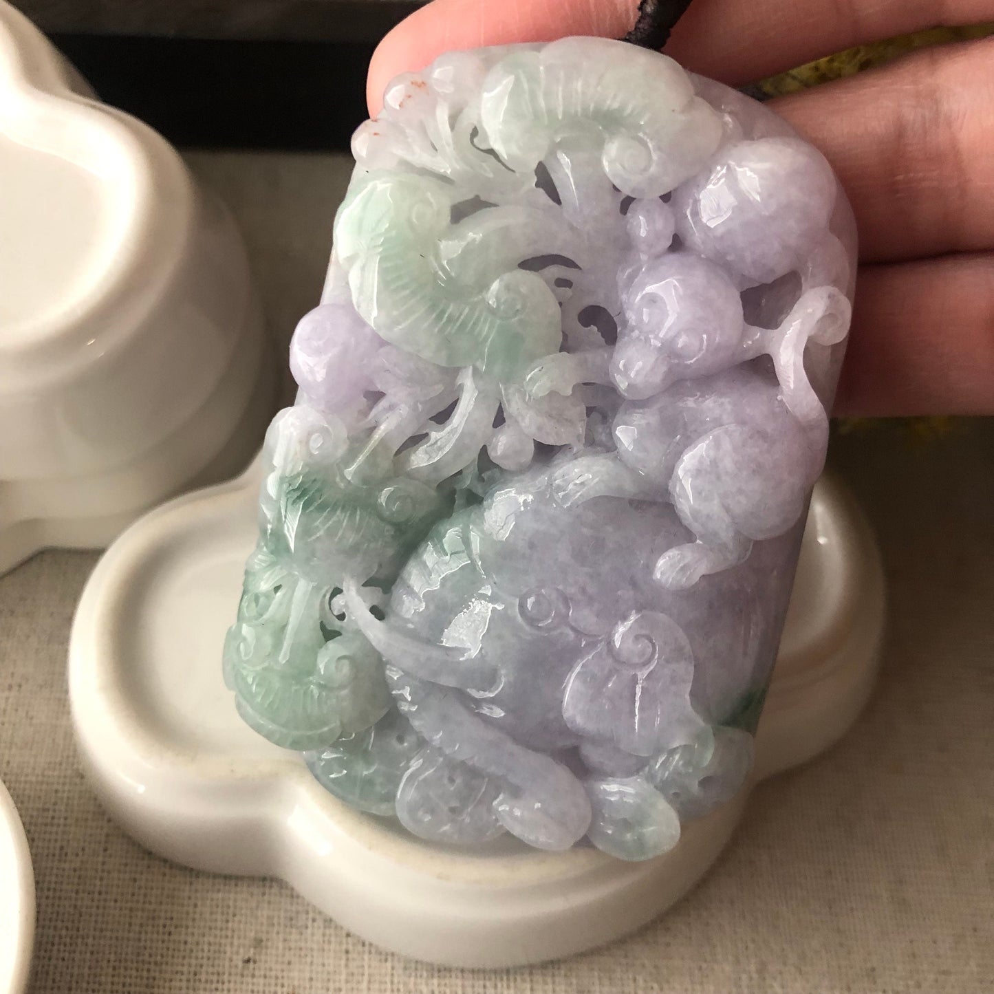 70 mm Lavender Green 3D Carved Monkey Elephant Ruyi Flower Pendant