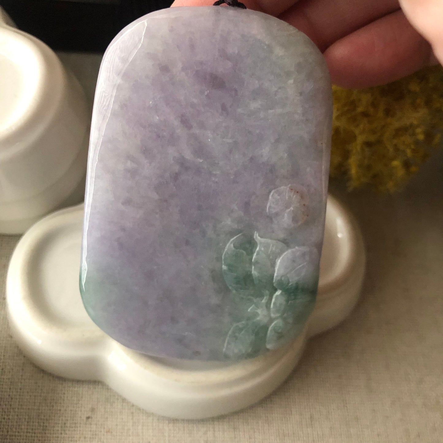 70 mm Lavender Green 3D Carved Monkey Elephant Ruyi Flower Pendant