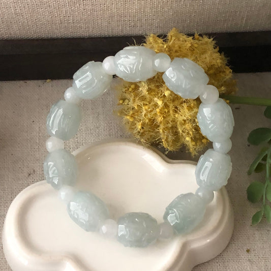 12mm Jadeite Jade Glossy Green Carved Six Word Blessing Bead Bracelet