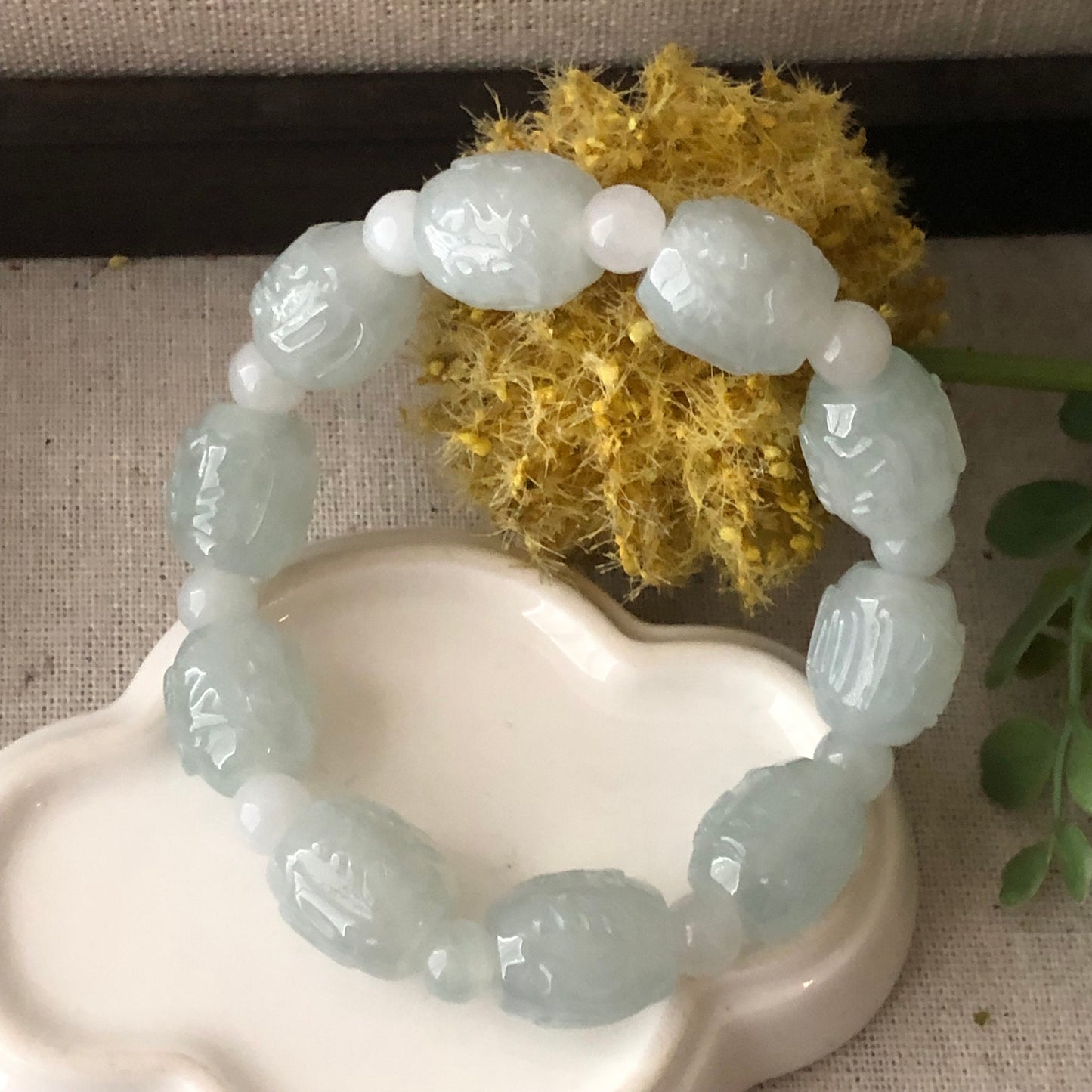 12mm Jadeite Jade Glossy Green Carved Six Word Blessing Bead Bracelet