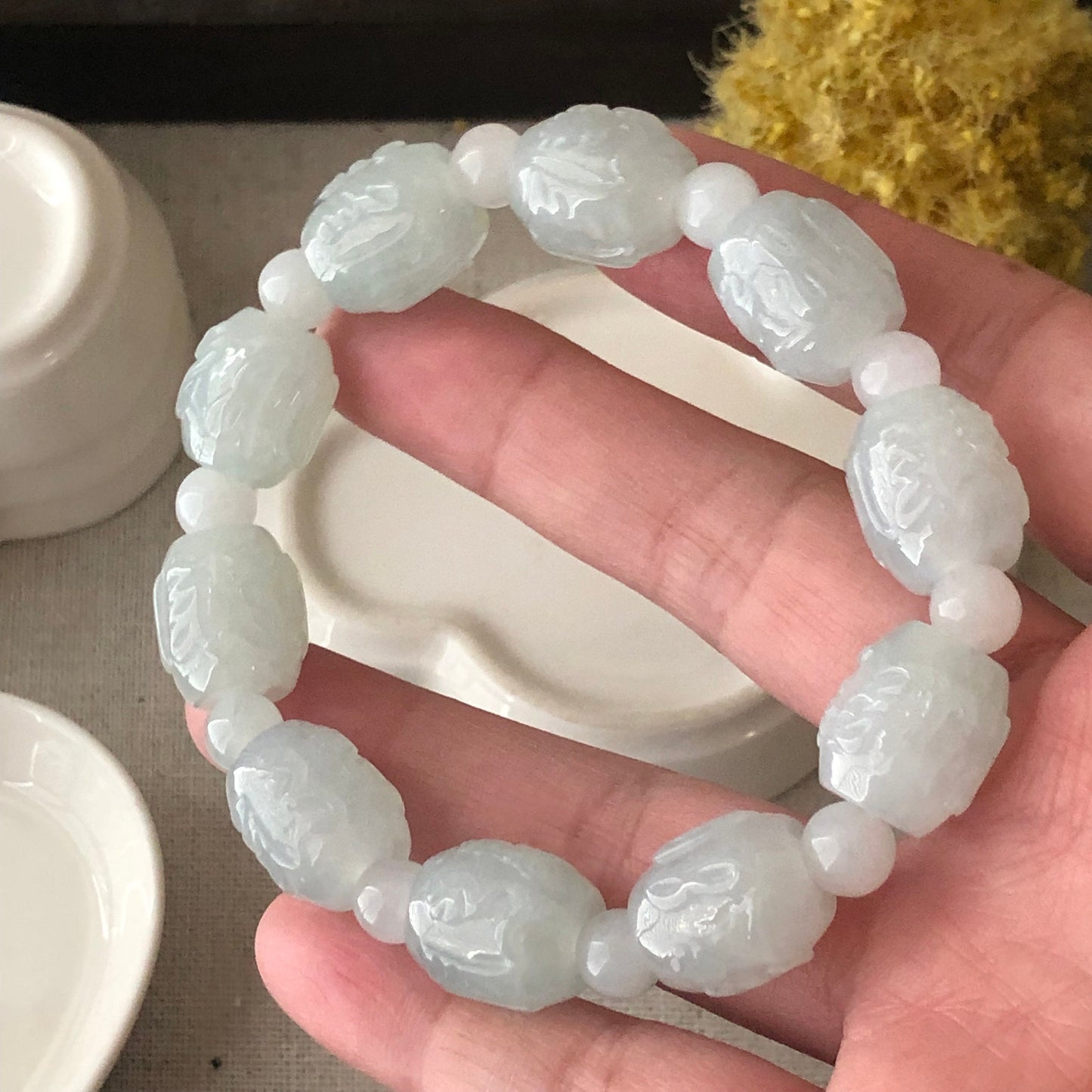 12mm Jadeite Jade Glossy Green Carved Six Word Blessing Bead Bracelet