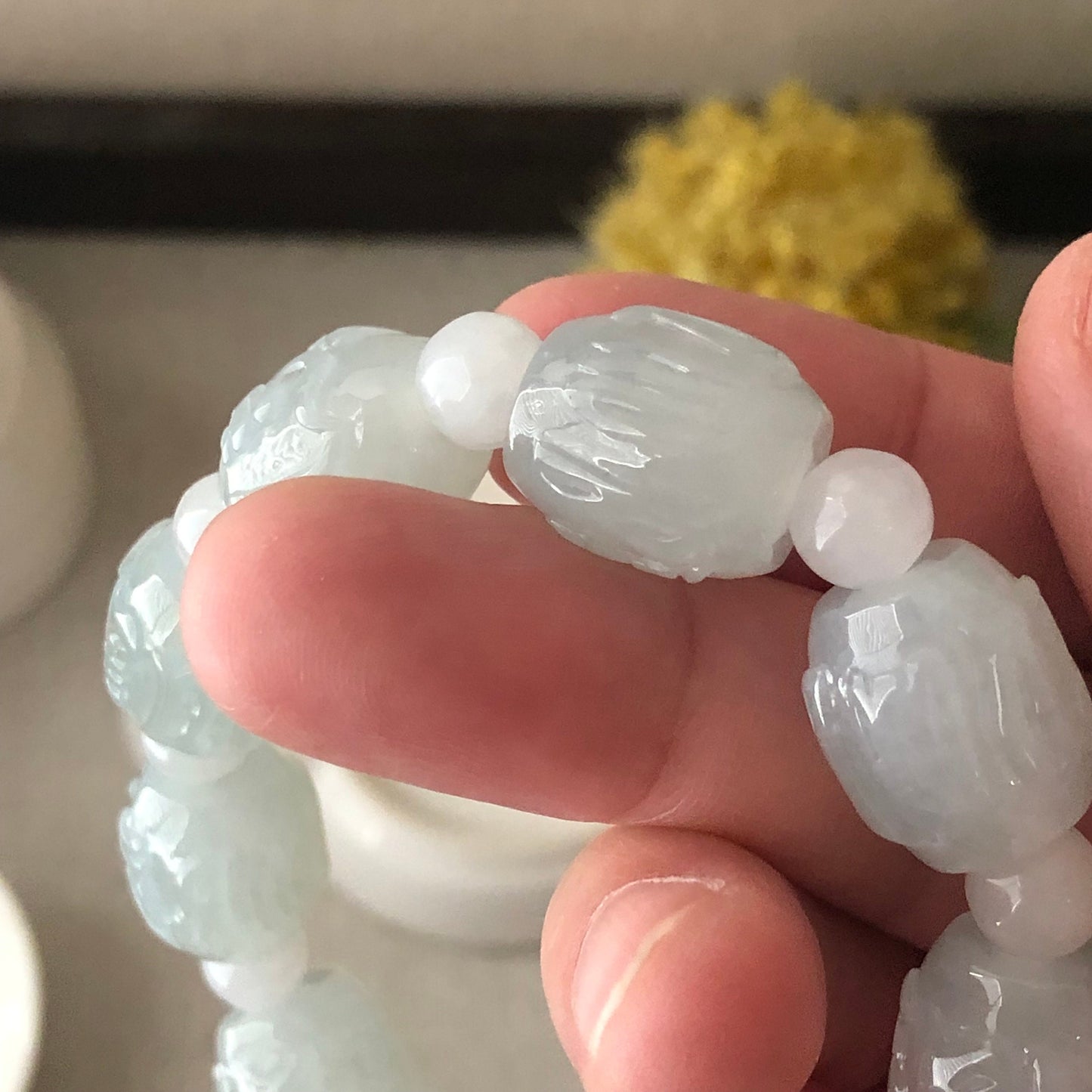 12mm Jadeite Jade Glossy Green Carved Six Word Blessing Bead Bracelet