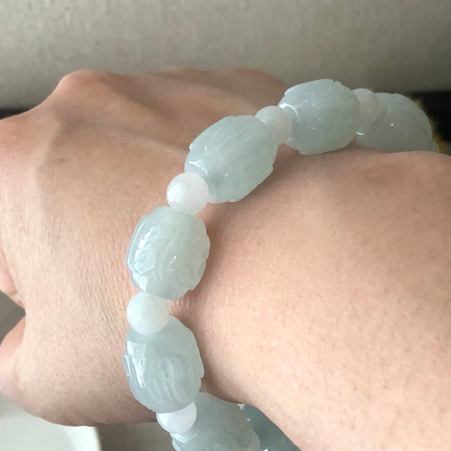 12mm Jadeite Jade Glossy Green Carved Six Word Blessing Bead Bracelet