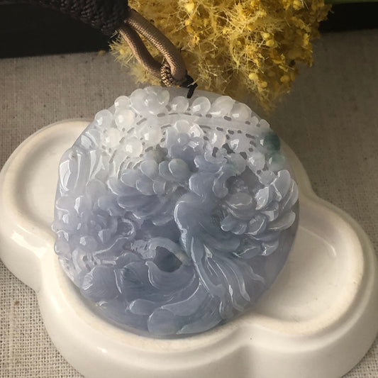 50mm Jadeite Jade Icy Lavender Blue Carved Floral Phoenix Pendant