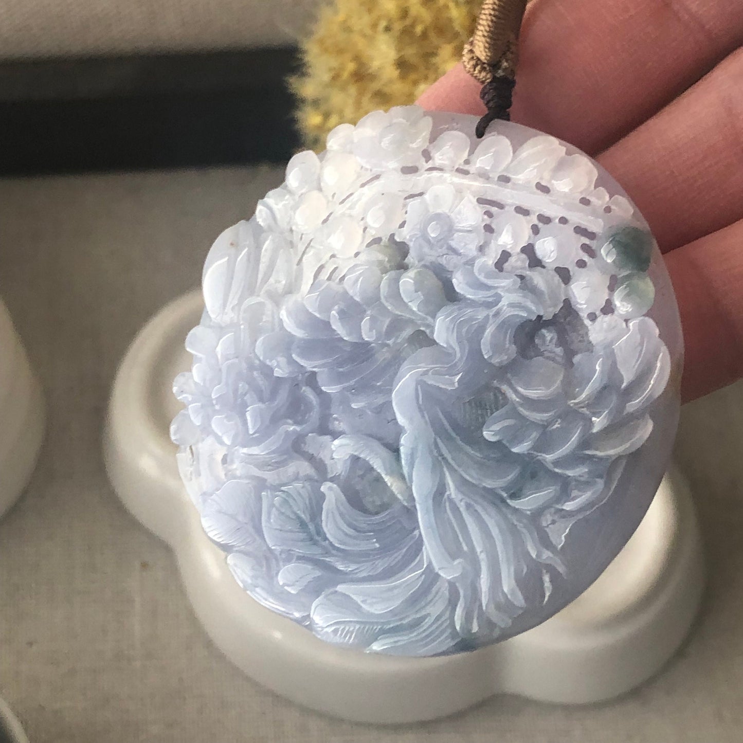 50mm Jadeite Jade Icy Lavender Blue Carved Floral Phoenix Pendant