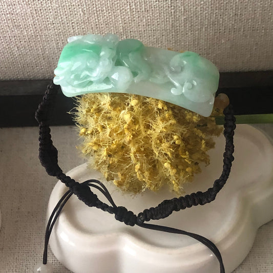 49.5mm Carved Pixiu Head Ruyi Jadeite Jade Tie Knot Rope Bracelet One Size