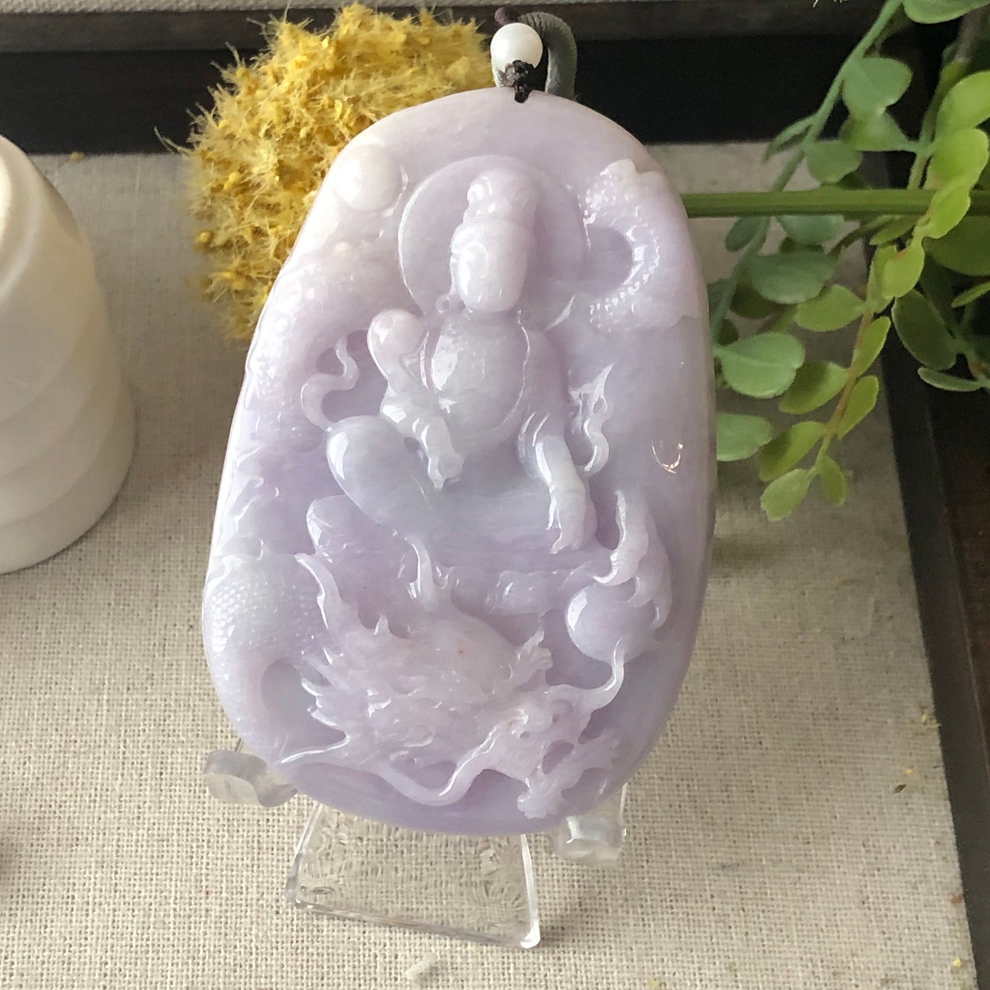 80.6 mm Icy Glossy Lavender Jade Guanyin Dragon Pendant