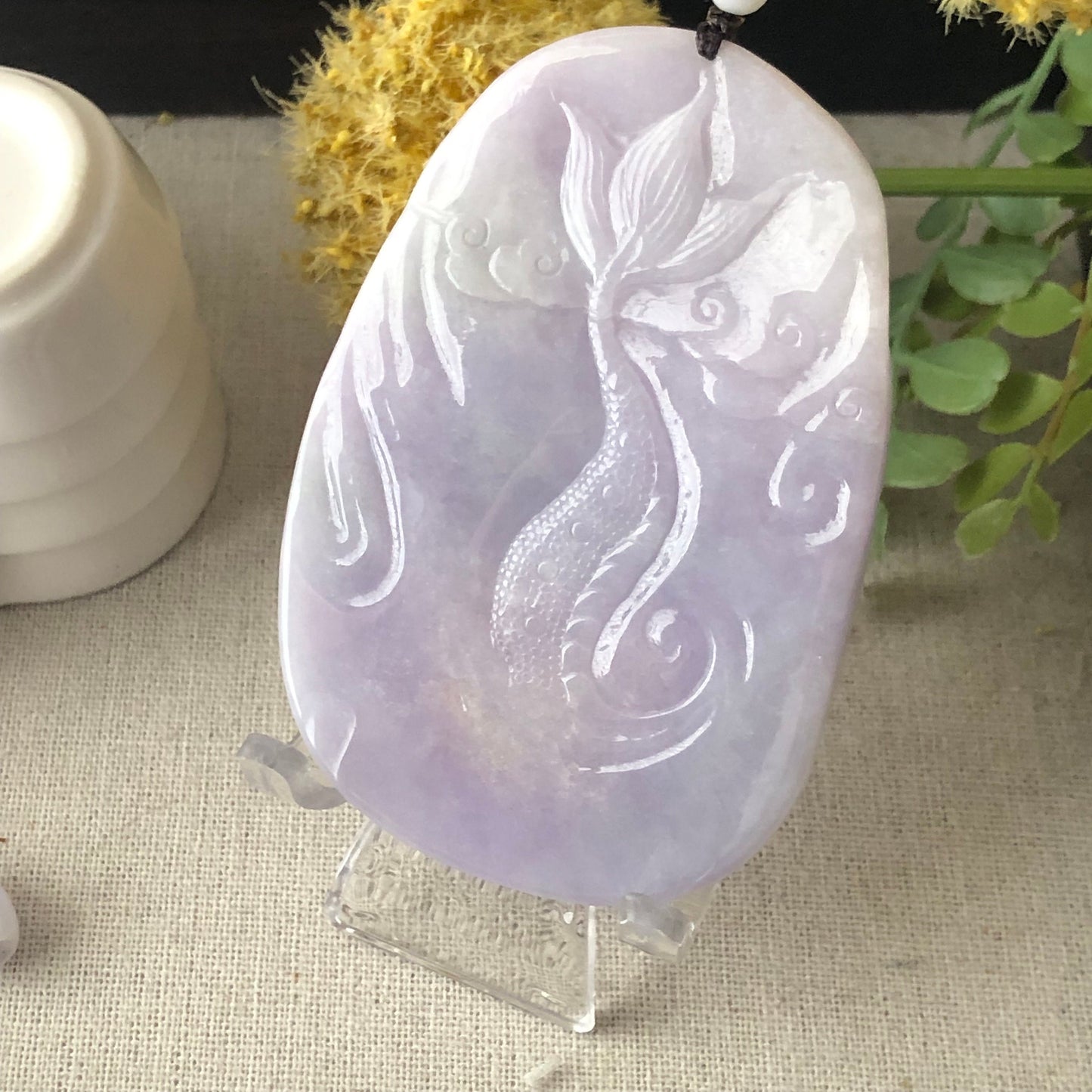 80.6 mm Icy Glossy Lavender Jade Guanyin Dragon Pendant