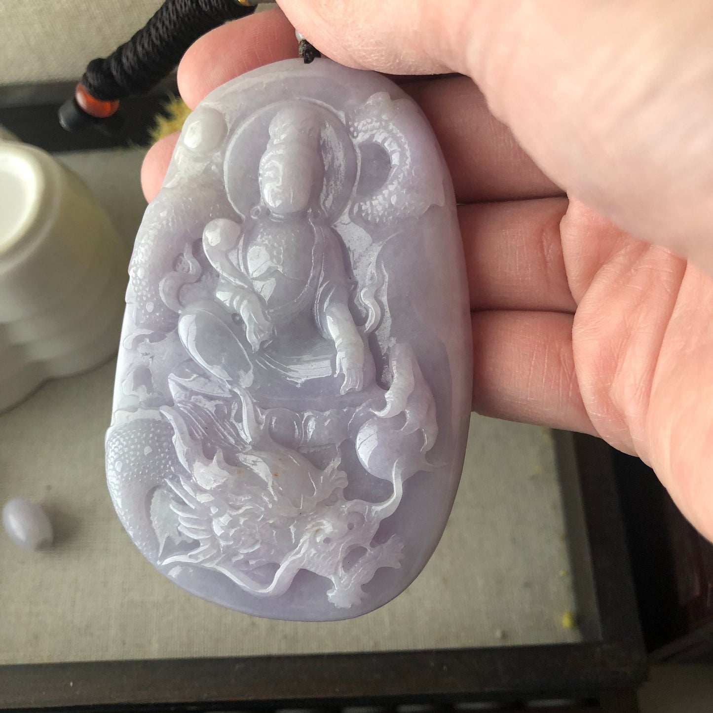 80.6 mm Icy Glossy Lavender Jade Guanyin Dragon Pendant