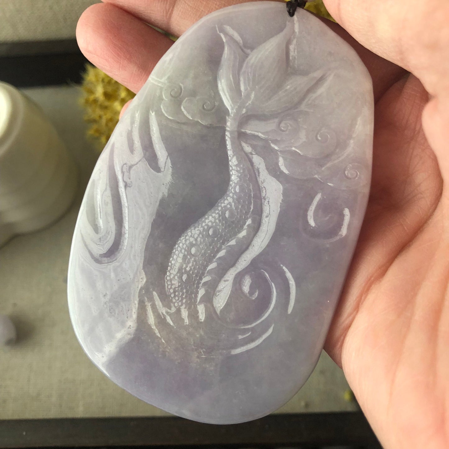80.6 mm Icy Glossy Lavender Jade Guanyin Dragon Pendant