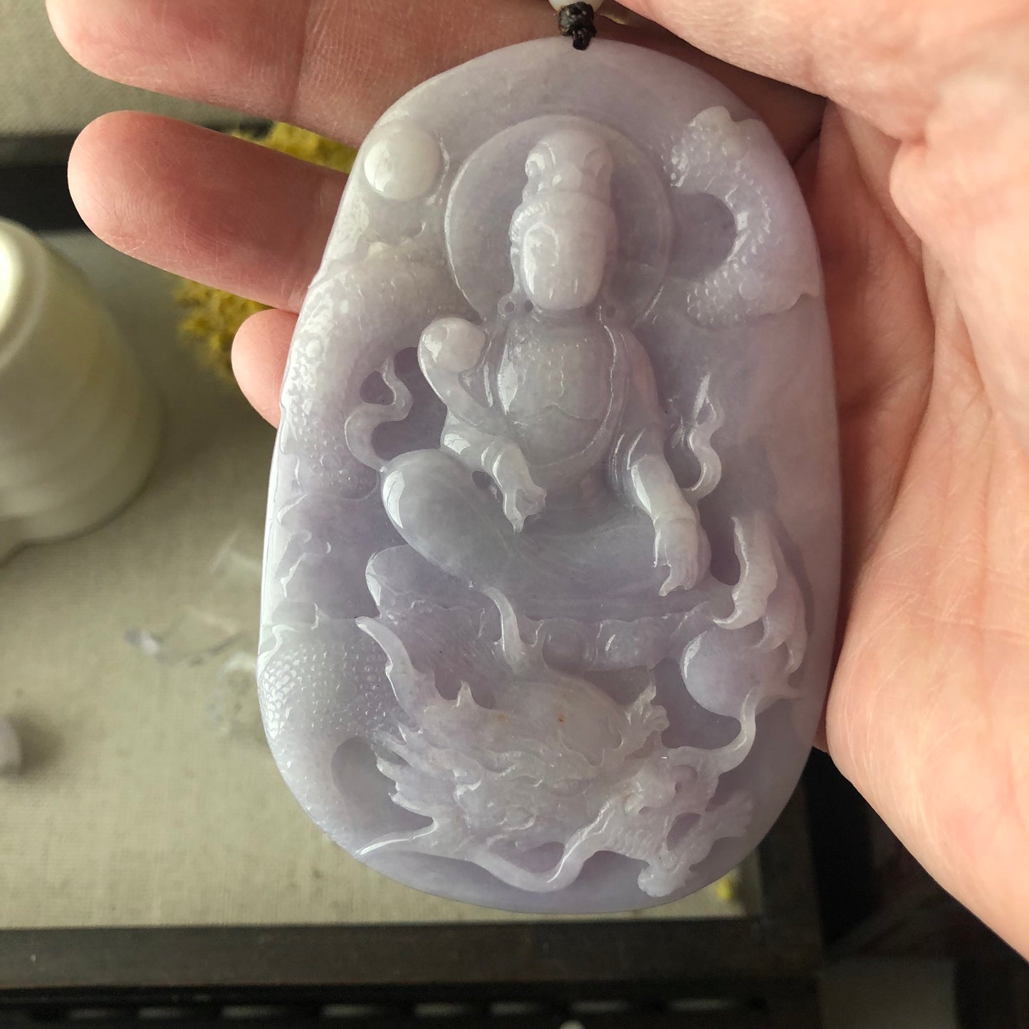80.6 mm Icy Glossy Lavender Jade Guanyin Dragon Pendant