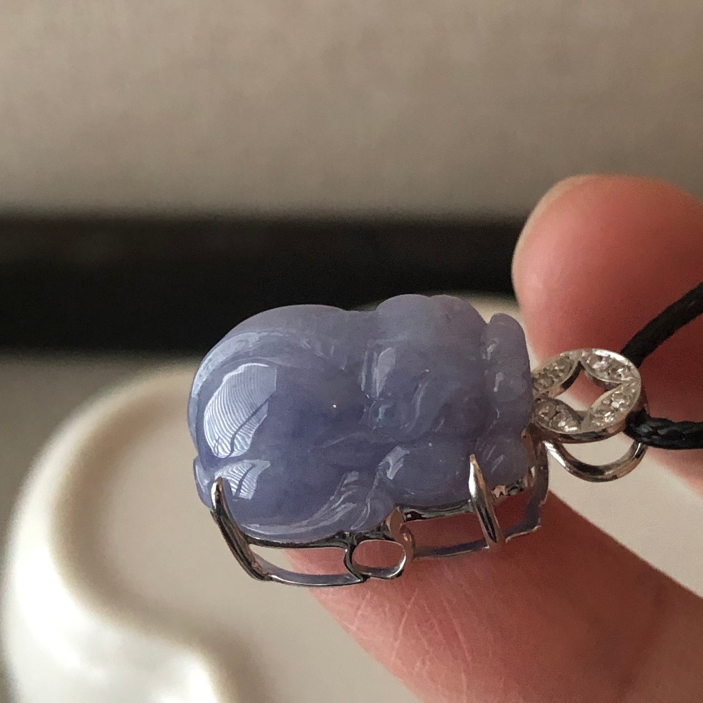 18K white gold 23mm Lavender Blue Jadeite Jade Carved Pixiu Pendant