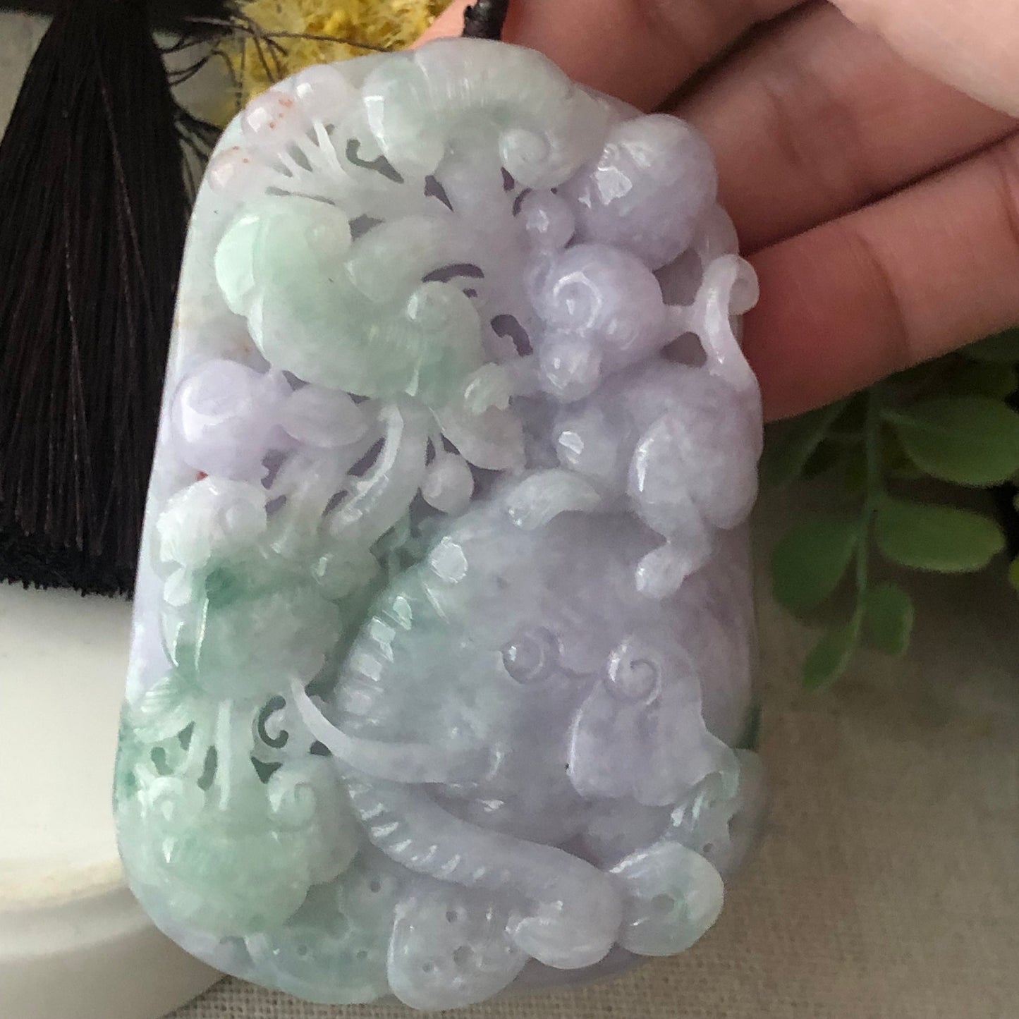 70 mm Lavender Green 3D Carved Monkey Elephant Ruyi Flower Pendant