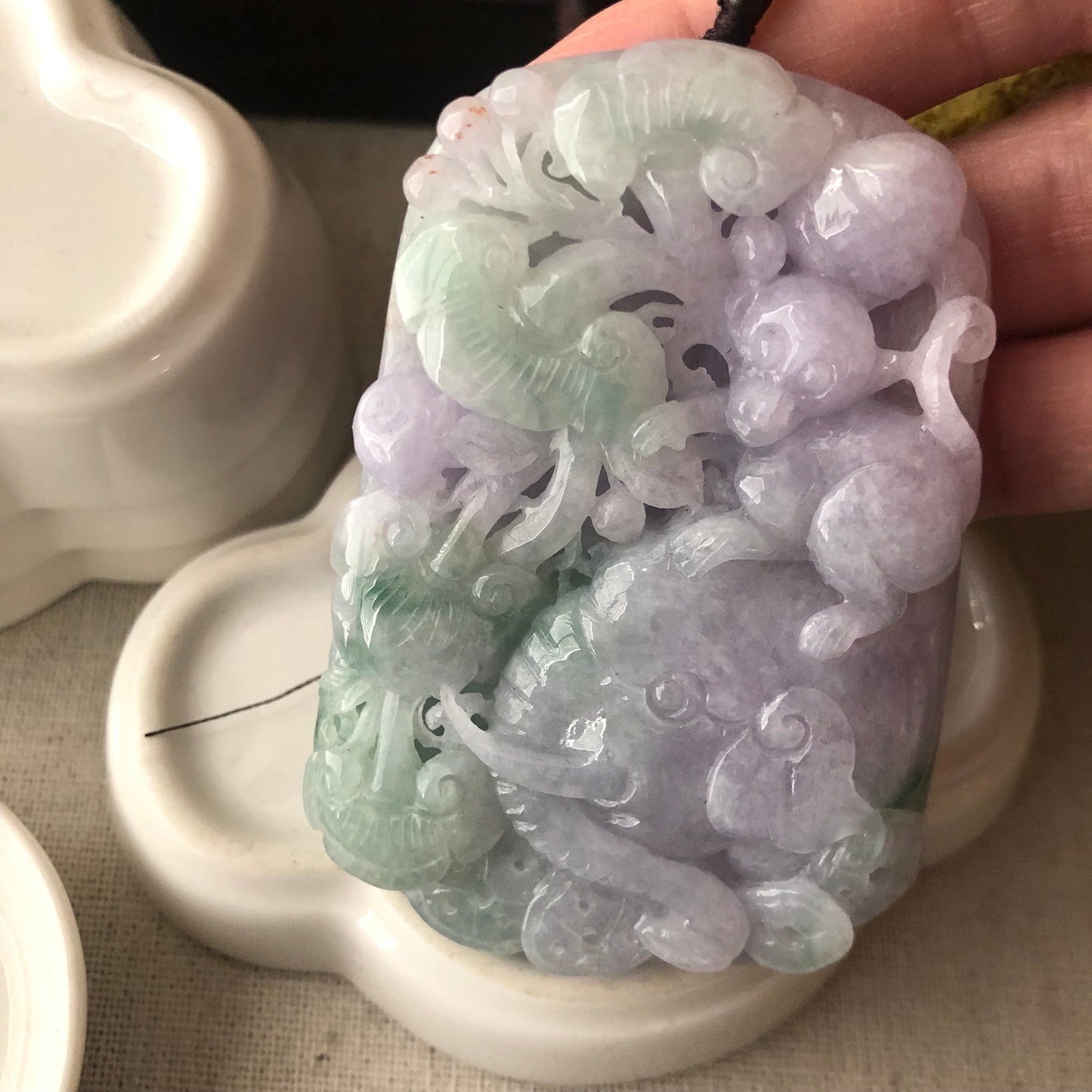 70 mm Lavender Green 3D Carved Monkey Elephant Ruyi Flower Pendant