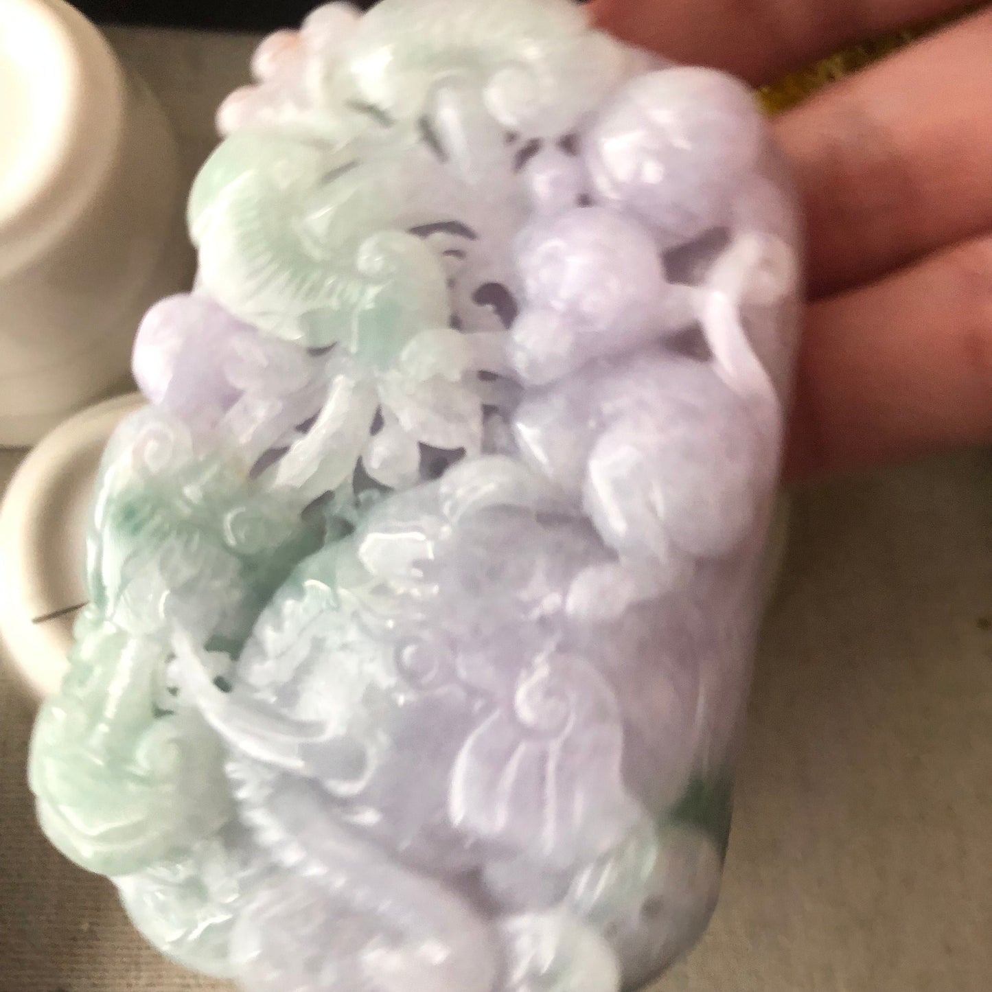 70 mm Lavender Green 3D Carved Monkey Elephant Ruyi Flower Pendant