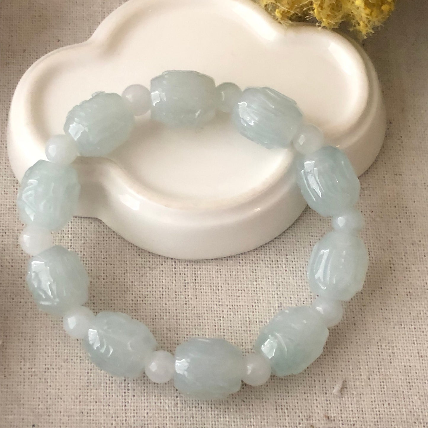 12mm Jadeite Jade Glossy Green Carved Six Word Blessing Bead Bracelet