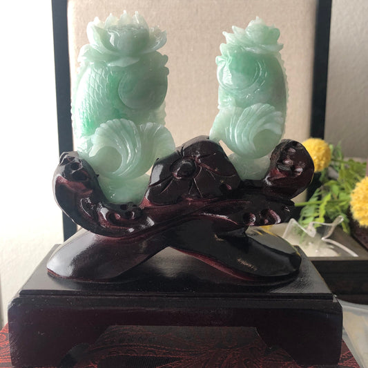 81.9-94.8mm Green Jadeite Jade Carved Dual Fish Display