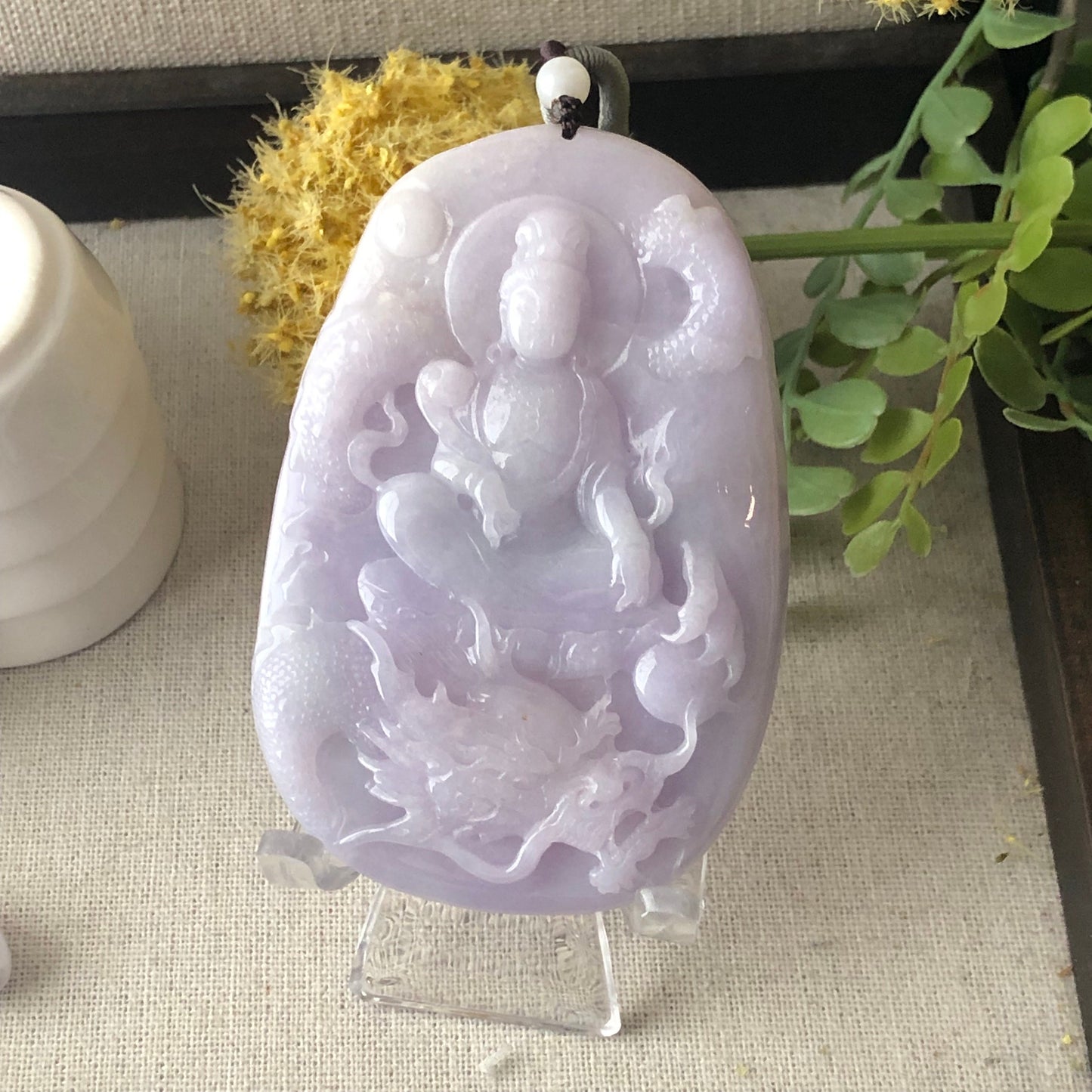 80.6 mm Icy Glossy Lavender Jade Guanyin Dragon Pendant