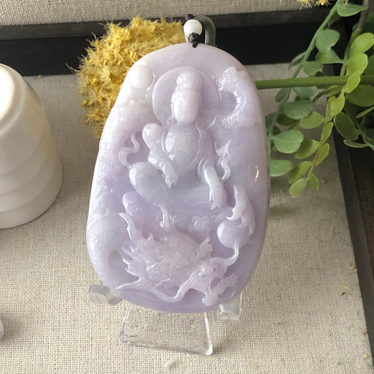 80.6 mm Icy Glossy Lavender Jade Guanyin Dragon Pendant