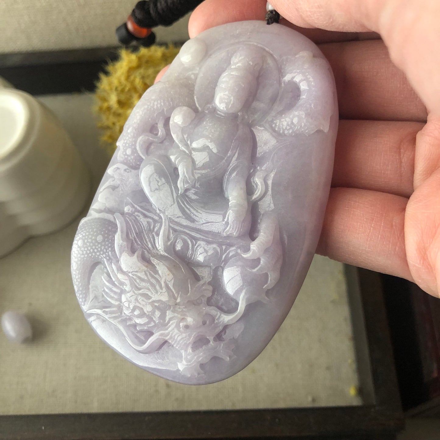 80.6 mm Icy Glossy Lavender Jade Guanyin Dragon Pendant